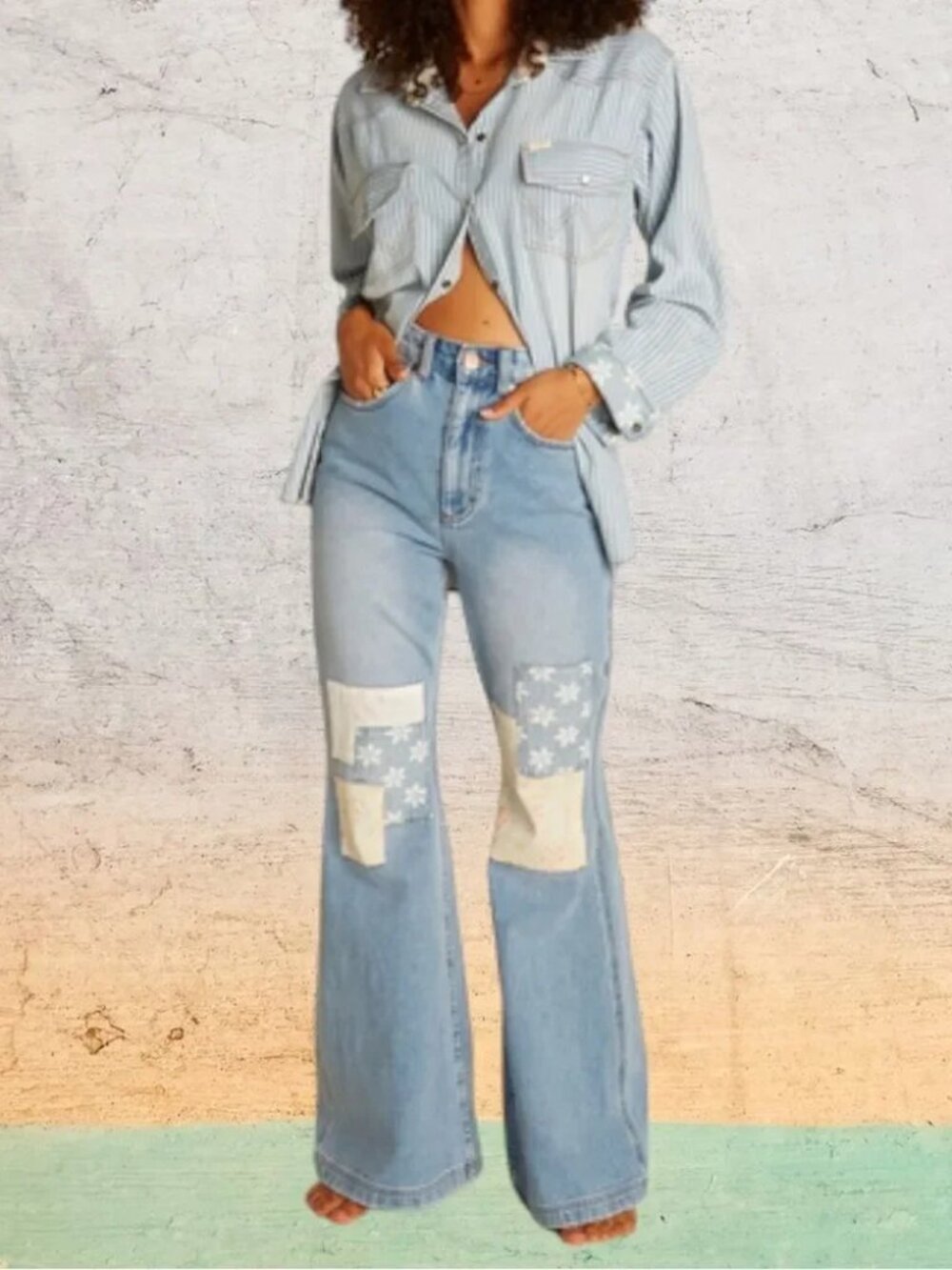 NWT WRANGLER x BILLABONG True Blue Denim Patchwork Bell Bottom Jeans 30
